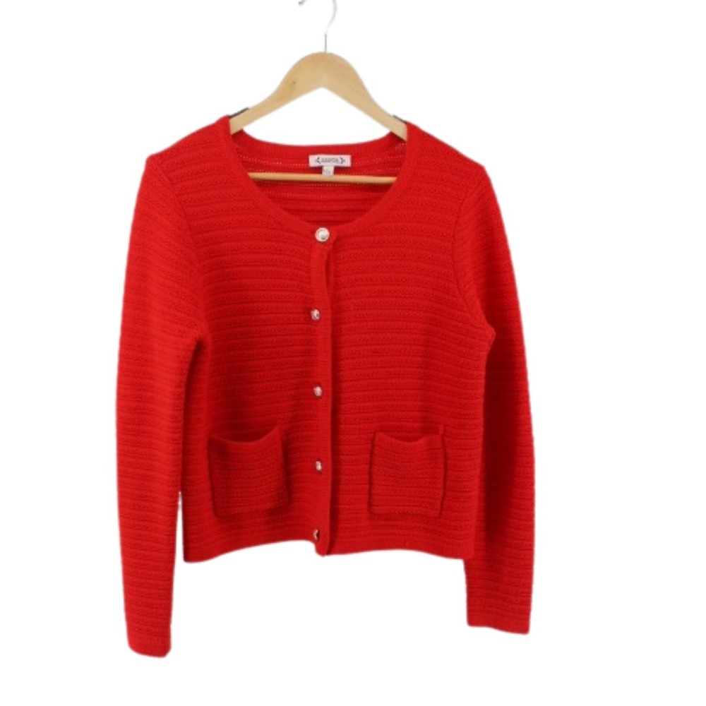 Nanette Lepore Cable Knit Cardigan Womens S Orange Button Front Pocket Sweater